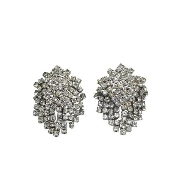 Clear Rhinestone Art Deco Style Large Clip On Silver Tone Firework Earrings B - Picture 4 of 5